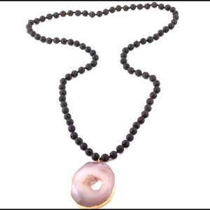 Agate pendant with lava bead necklace
